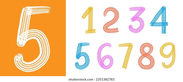 Vector Hand drawn Brush Drawing Numbers Set. Decorative Numerals Count Signs. Typography Design Elements.