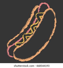 Vector hand drawn brush line color hot dog on black background