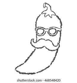 Vector hand drawn brush line black chili pepper with mustache and glasses on white background