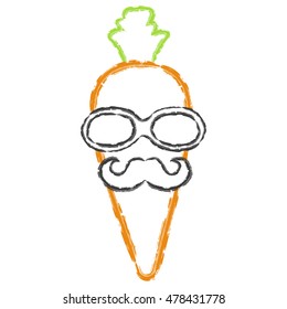 Vector hand drawn brush line color carrot with short tail, mustache and glasses on white background