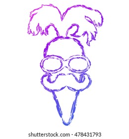 Vector hand drawn brush line gradient carrot with large tail, mustache and glasses on white background