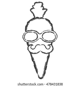 Vector hand drawn brush line black carrot with short tail, mustache and glasses on white background