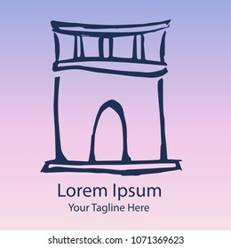 Vector Hand Drawn Brush of Paris France Architecture on Gradient Color Background Violet and Pink. Flat, Icon, Sign, Logo, Symbol, Object, Graphic Design, Element, Illustration for Print.