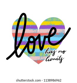 Vector Hand Drawn Brush Strokes With Paint Texture In A Heart Shape. Bright Rainbow Colors. Love Has No Limits Text.