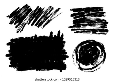 Vector hand drawn brush strokes set with scrawls, stains for backdrops. Monochrome design elements set. One color monochrome artistic hand drawn backgrounds various shapes.