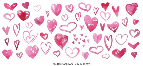 Vector hand drawn brush watercolor pink hearts set. Cute creative doodle vector elements, heart shapes with artistic aquarelle stains. Vector design collection, Valentine's Day set.