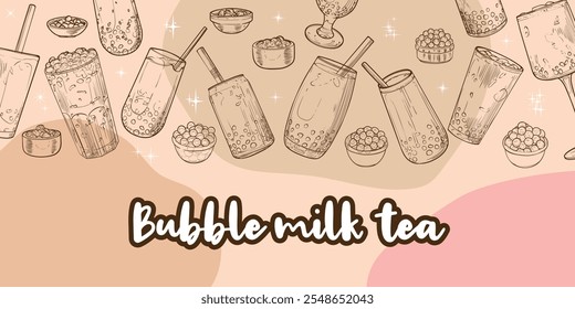 Tés de burbuja dibujados a mano de Vector con la palabra Boba en el medio. Diseño de Anuncio de paisaje con té de leche en vasos. Bebidas con pajitas y gelatina. Cálido contorno solo ilustración con bebidas.