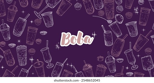 Tés de burbuja dibujados a mano de Vector con la palabra Boba en el medio. Diseño de Anuncio de paisaje con té de leche en vasos o vasos de plástico para llevar. Bebidas con pajitas. Cálido contorno solo ilustración con bebidas.