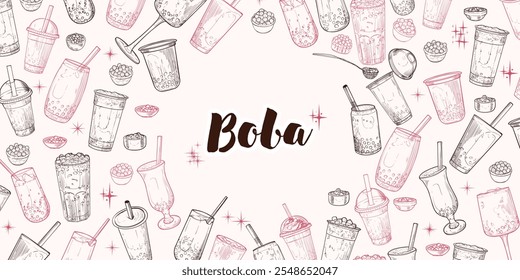 Tés de burbuja dibujados a mano de Vector con la palabra Boba en el medio. Diseño de Anuncio de paisaje con té de leche en vasos o vasos de plástico para llevar. Bebidas con pajitas. Cálido contorno solo ilustración con bebidas.