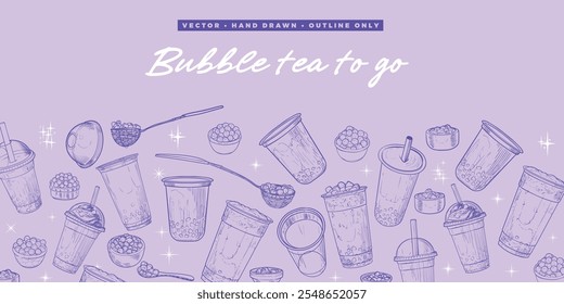 Tés de burbuja dibujados a mano de Vector con la palabra Boba en el medio. Diseño de Anuncio de paisaje con té de leche en vasos de plástico para llevar. Bebidas con pajitas y gelatina. Cálido contorno solo ilustración con bebidas.