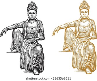 vector hand drawn buddha. The bodhisattva Kuan-yan. Thai culture. Buddhism