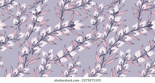Vector hand drawn buds flowers branches leaves seamless pattern. Artistic, simple, lines branches flowers. Abstract floral grey print. Template for design, textile, fabric, fashion