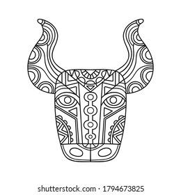 Cabeza de toro dibujada a mano del vector. Ilustración al estilo doodle. Aislado sobre fondo blanco. Animales tribales con un patrón étnico. Página de coloreado para el libro de colorear antiestrés. Esquema.