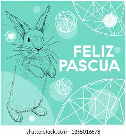 Vector hand drawn bunny with lettering Feliz Pascua - Happy Easter, written in Spanisn, on pale turquoise background. Flat vector illustration for cards, posters, Easter design and decoration, web.