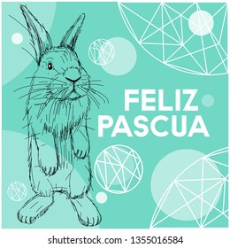 Vector hand drawn bunny with lettering Feliz Pascua - Happy Easter, written in Spanisn, on pale turquoise background. Flat vector illustration for Easter design and decoration, posters, cards, web.