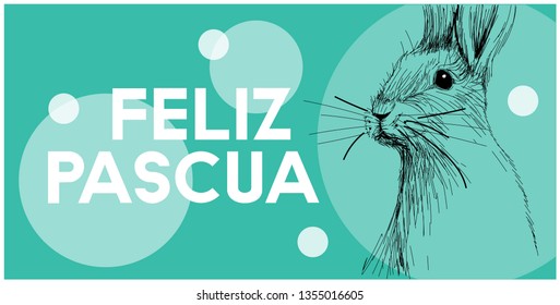 Vector hand drawn bunny with lettering Feliz Pascua - Happy Easter, written in Spanisn, on turquoise background. Flat vector illustration for Easter design and decoration, cards, posters, banners, web