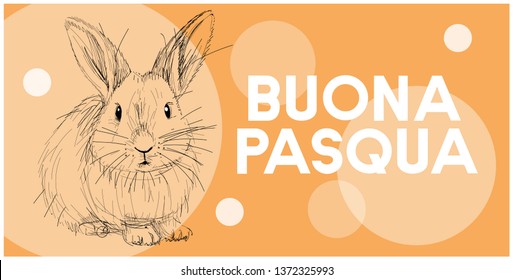 Vector hand drawn bunny with lettering Buona Pasqua - Happy Easter, written in Italian, on yellow background. Flat illustration for invitations, greetings, cards, Easter design and decoration, web.