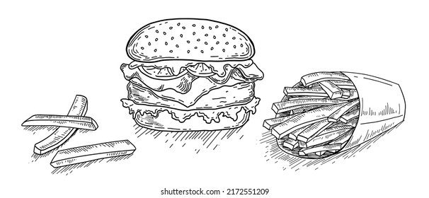 Vector Hand Drawn Burger and French Fries in . Engraving Style Burger Sandwich with potatoes fries in a paper cup and chips inside. Big burger sketch in retro style. Hamburger Fast Food Illustration.