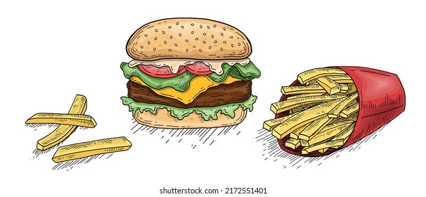 Vector Hand Drawn Burger and French Fries in . Engraving Style Burger Sandwich with potatoes fries in a paper cup and chips inside. Big burger sketch in retro style. Hamburger Fast Food Illustration.