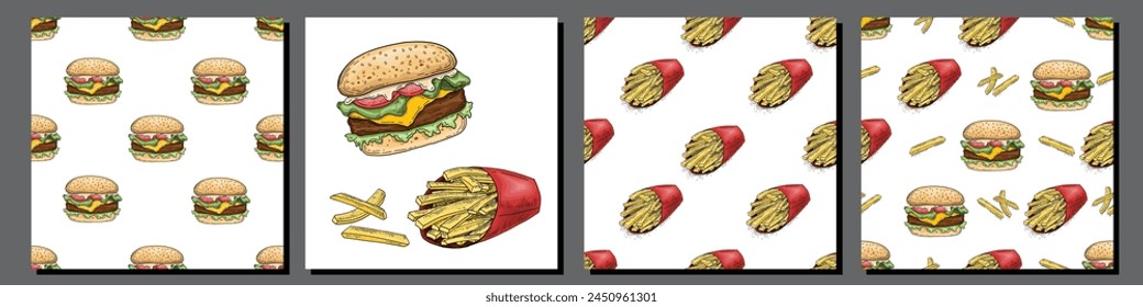 Vector Hand Drawn Burger and French Fries Set Engraving Style Burger Sandwich with potatoes fries in a paper cup and chips Retro style seamless patterns and Fast Food design elements Illustration