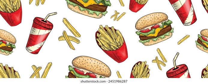 Vector Hand Drawn Burger and French Fries Seamless Pattern Retro Engraving Style Burger Sandwich with potatoes fries in paper cup, chips inside juice cup style Hamburger Fast Food Illustration