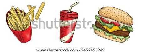 Vector Hand Drawn Burger and French Fries in Engraving Style Burger Sandwich with potatoes fries chips in a paper cup, soda drink cup Big burger sketch in retro style Hamburger Fast Food Illustration.