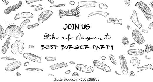 Vector hand drawn burger ingredients drawn separately. Bun, bread, lettuce, onion, tomato, cheese, egg, cucumber. Food background easy to edit. Only outline.