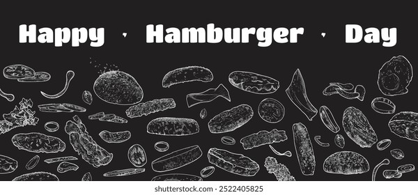 Vector hand drawn burger ingredients drawn separately. Bun, bread, lettuce, onion, tomato, cheese, egg, cucumber. Food background easy to edit. Only outline no fill.