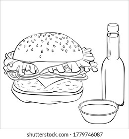 Hamburguesa con salsa dibujada a mano por vectores. Menú de comida rápida en estilo de arte lineal. Ilustración vectorial aislada en fondo blanco. Diseño para restaurante, café, logotipo, etiqueta, emblema, signo, marca