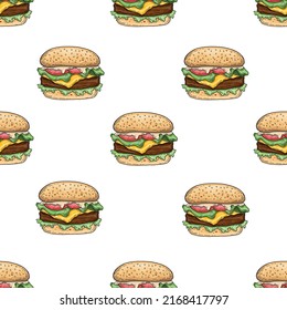 Vektorhandgezeichneter Burger Nahtloses Muster. Farbige Gravur Stil Burger Sandwich Textur. Große Burgerskizze im Retro-Stil. Hamburger Fast Food Illustration. Lebensmittelverpackungspapier, Stoffdruck.