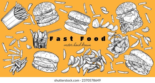 Vector hand drawn burgers, fries and wedges with lettuce, meat, bread bun, cheese, egg, bacon as ingredients. Easy to edit and use in your design.