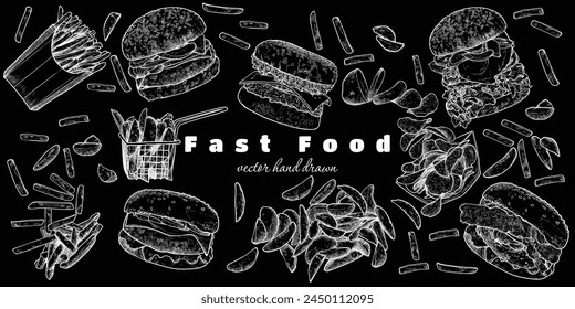 Vector hand drawn burgers, fries and wedges with lettuce, meat, bread bun, cheese, egg, bacon as ingredients. Easy to edit and use in your design.