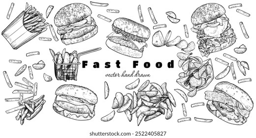 Vector hand drawn burgers, fries and wedges with lettuce, meat, bread bun, cheese, egg, bacon as ingredients. Vector outline and fill on white background. Ingredients are grouped separate.