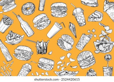 Vector hand drawn burgers, fries, sweets and drinks background. Vector outline and fill on yellow background. Outline and fill are grouped separate.