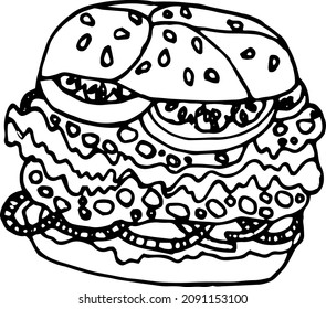 Vector hand drawn burgers and snacks objects, drawn fast food element, sandwich, street food
