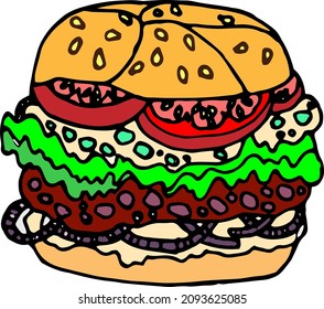 Hamburguesas dibujadas a mano por vectores y objetos para picar, elemento de comida rápida dibujado, sándwich, comida callejera