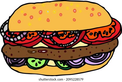 Vector hand drawn burgers and snacks objects, drawn fast food elements, sandwiches, street food