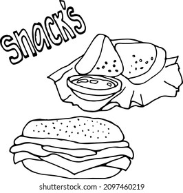 Vector hand drawn burgers and snacks objects, drawn fast food elements, street food, snackes set, cheeseburger, fried cheese