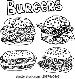 Vector hand drawn burgers and snacks objects, drawn fast food elements, sandwich, street food, lettering burgers, cheeseburger, burgers set, bacon, tomatoes
