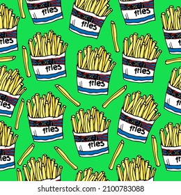 Vector hand drawn burgers and snacks objects, drawn fast food elements,  street food, French fries, fried potatoes pattern, food pattern, green background 