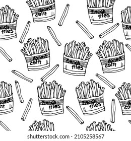 Vector hand drawn burgers and snacks objects, drawn fast food elements,  street food, French fries, fried potatoes pattern, food pattern, monochrome background, lineout