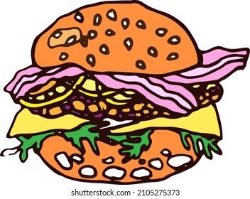 Vector hand drawn burgers and snacks objects, drawn fast food elements, sandwiches, street food, a sandwich with bacon and cheese, colored doodle, colored burger