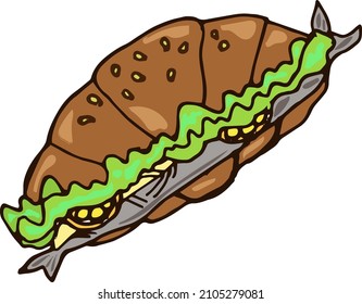 handgezeichnete Burger und Snacks, gezeichnete Fast-Food-Elemente, Sandwiches, Straßennahrung, Vektorcroissant, buntes Doodle, farbiges Croissant