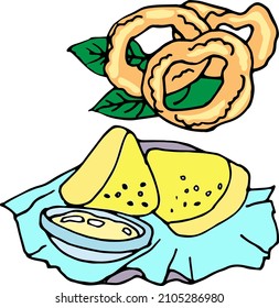 Vector hand drawn burgers and snacks objects, drawn fast food elements, street food, fried calamari, fried cheese, appetizers, colored doodles