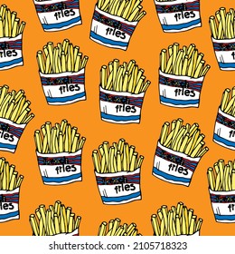 Vector hand drawn burgers and snacks objects, drawn fast food elements,  street food, French fries, fried potatoes pattern, food pattern, background, orange background