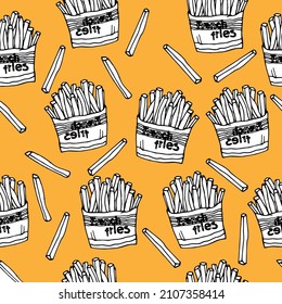 Vector hand drawn burgers and snacks objects, drawn fast food elements,  street food, French fries, fried potatoes pattern, food pattern, orange food background