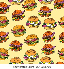 vector hand drawn burgers and snacks patterns, cartoon burgers, colored food, food background, meal, cafe backdrop, shrimps burger, egg, bacon
