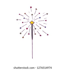 Vector hand drawn burning sparkler. Christmas sparkler. 