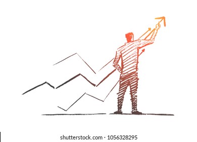 Vector hand drawn business analysis sketch and success concept. Businessman backwards drawing indicators of positive dynamics and business analysis.