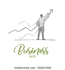 Vector hand drawn business analysis sketch and success concept. Businessman backwards drawing indicators of positive dynamics and business analysis. Lettering Business analysis